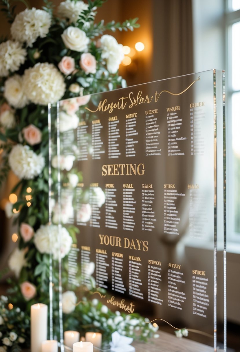 An acrylic mirror seating chart with gold lettering displayed on a wedding reception table surrounded by flowers and candles.