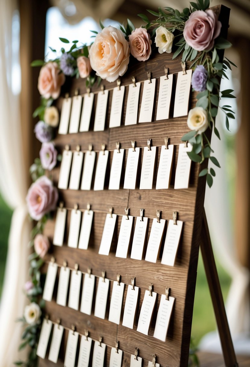 A wooden wedding seating chart decorated with hand-painted flowers and name cards arranged on it.
