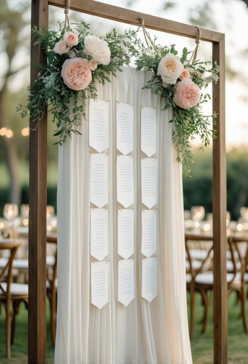 A hanging fabric banner decorated with flowers at an outdoor wedding seating area.
