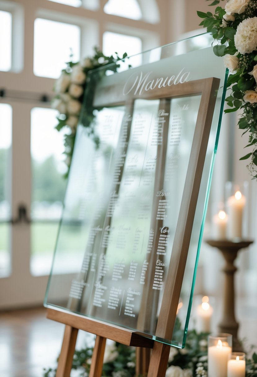 A clear glass pane seating chart with etched names displayed on an easel surrounded by wedding decorations.