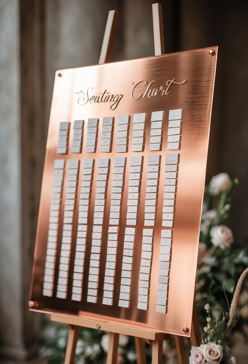 A copper sheet seating chart mounted on a wooden easel with vinyl letters, surrounded by floral decorations.