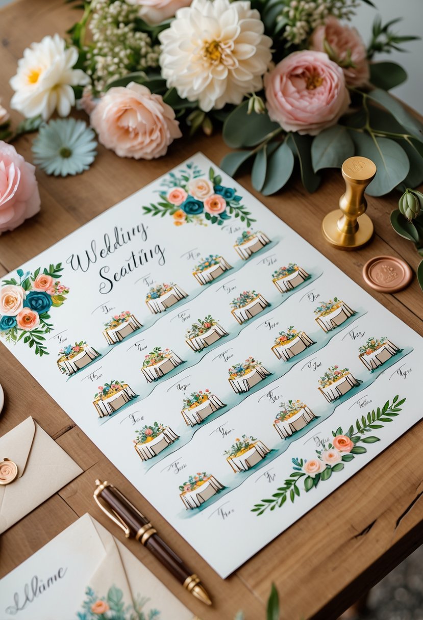 A wedding seating chart with hand-drawn illustrations of tables and floral decorations placed on a wooden table surrounded by wedding planning items.