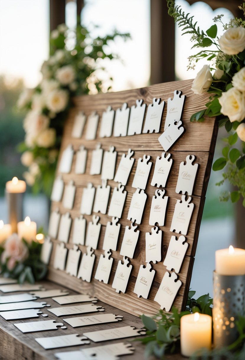 A wedding seating chart made of interlocking puzzle pieces arranged on a wooden surface with floral decorations around it.