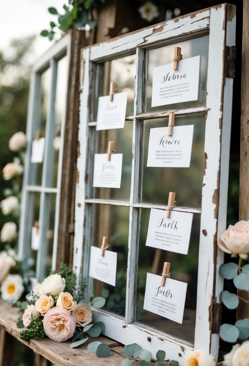 Wedding seating chart displayed on antique window panes with floral decorations in a rustic setting.