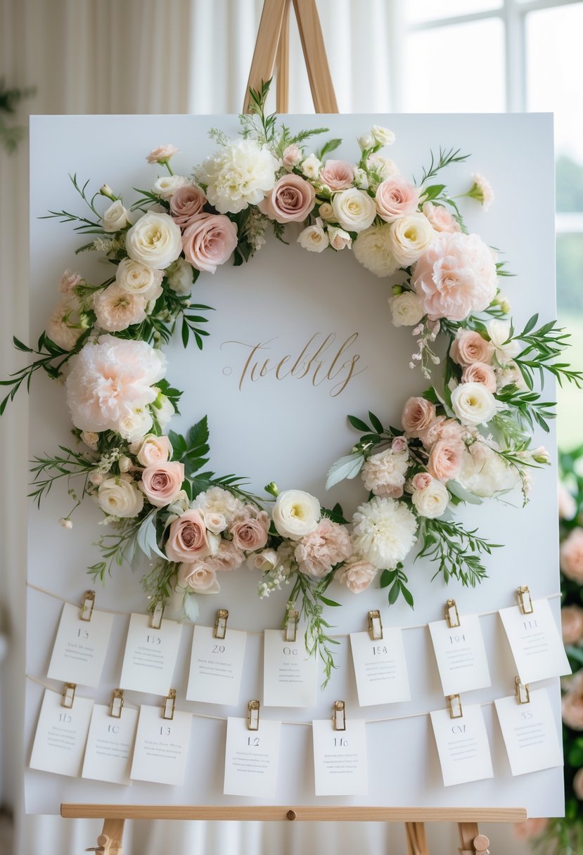 A wedding seating chart decorated with a floral wreath and table number cards displayed on a stand.