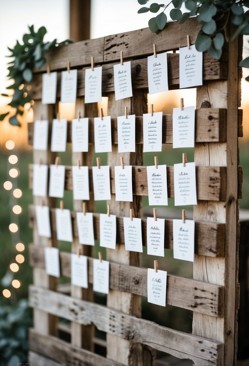 A wedding seating chart displayed on rustic repurposed pallet wood with handwritten cards attached, surrounded by greenery and soft lighting.