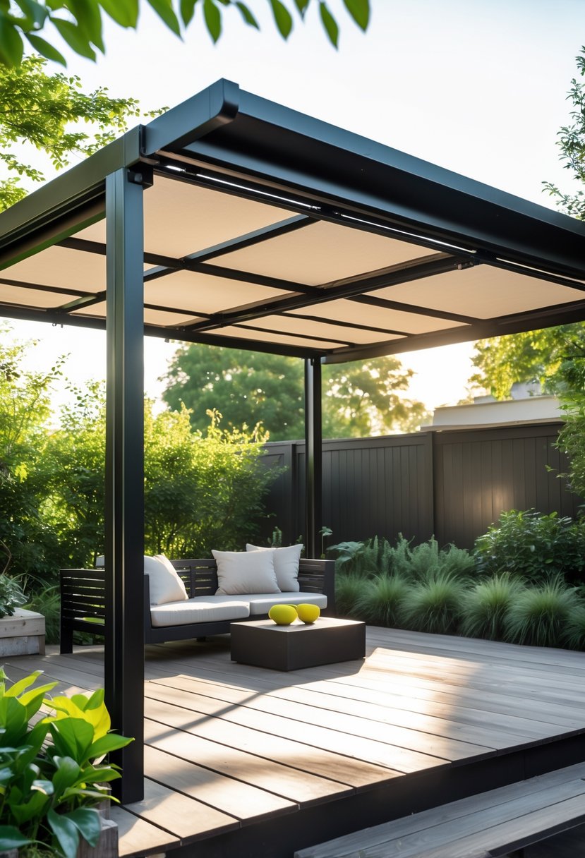 A modern black steel pergola with a retractable canopy over a backyard seating area surrounded by plants.