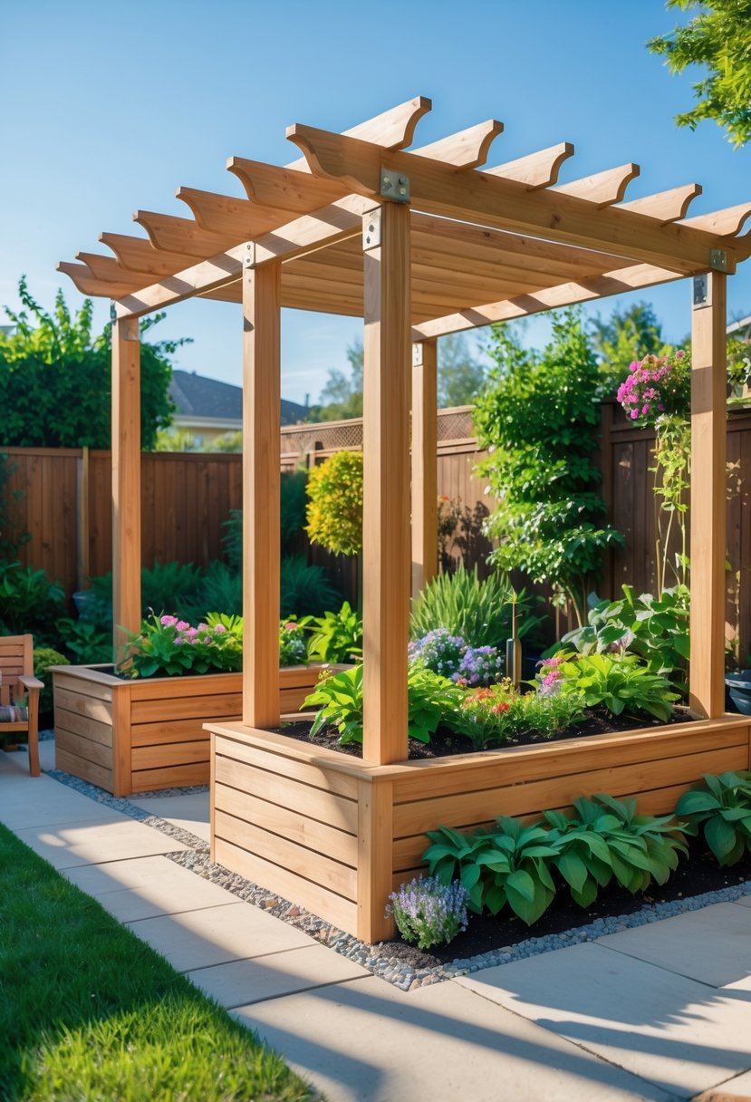 A wooden pergola with built-in planter boxes filled with plants in a backyard garden.