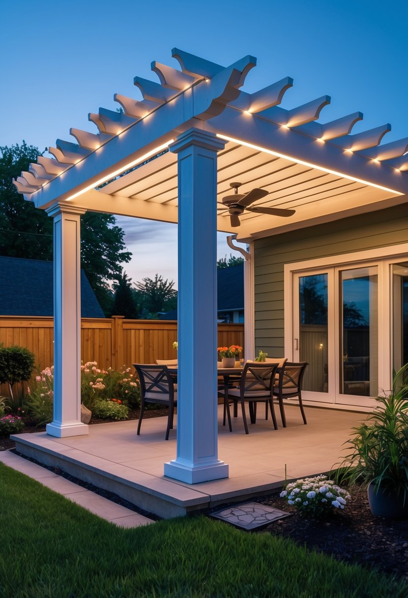 A backyard with a white vinyl pergola illuminated by built-in warm LED lights, surrounded by green plants and outdoor furniture.