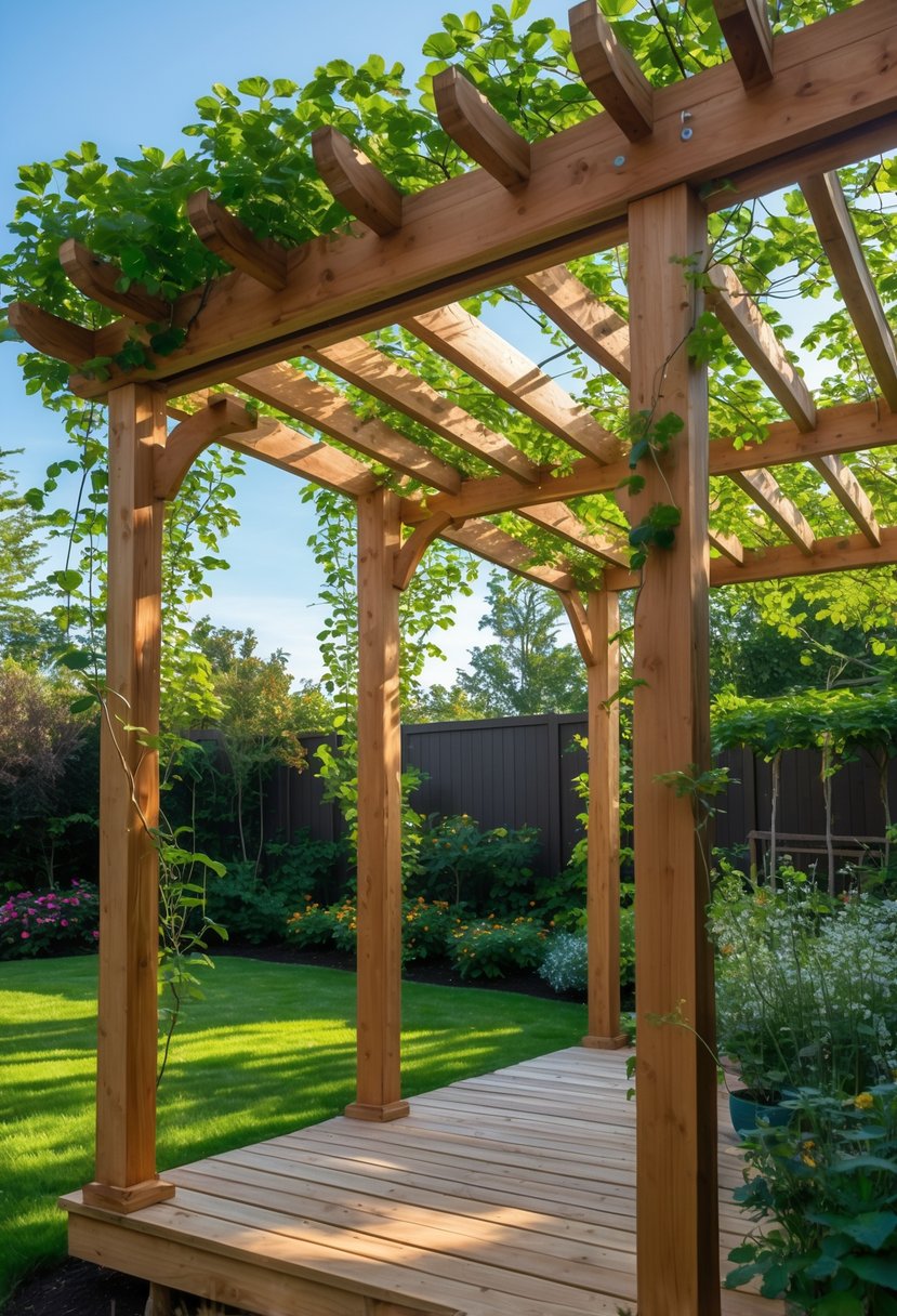 A cedar pergola covered in green climbing vines in a backyard garden with plants and grass under a clear sky.
