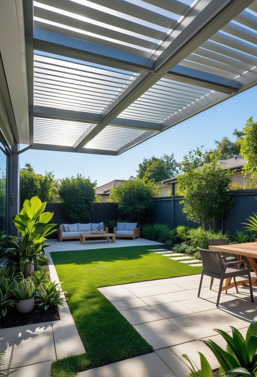 An aluminum pergola with adjustable louvers over an outdoor seating area in a backyard with green plants and a clear sky.