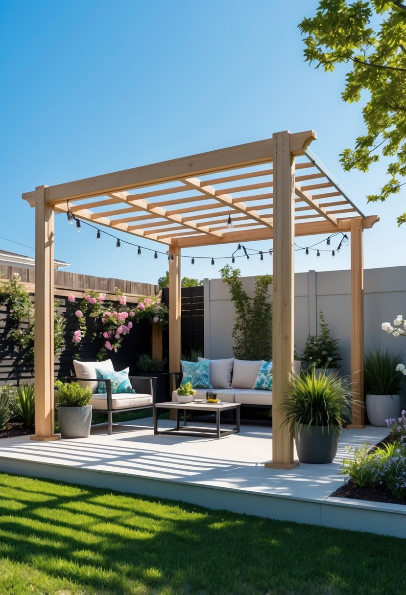 Backyard with a modern pergola providing shade over outdoor seating surrounded by grass and plants.