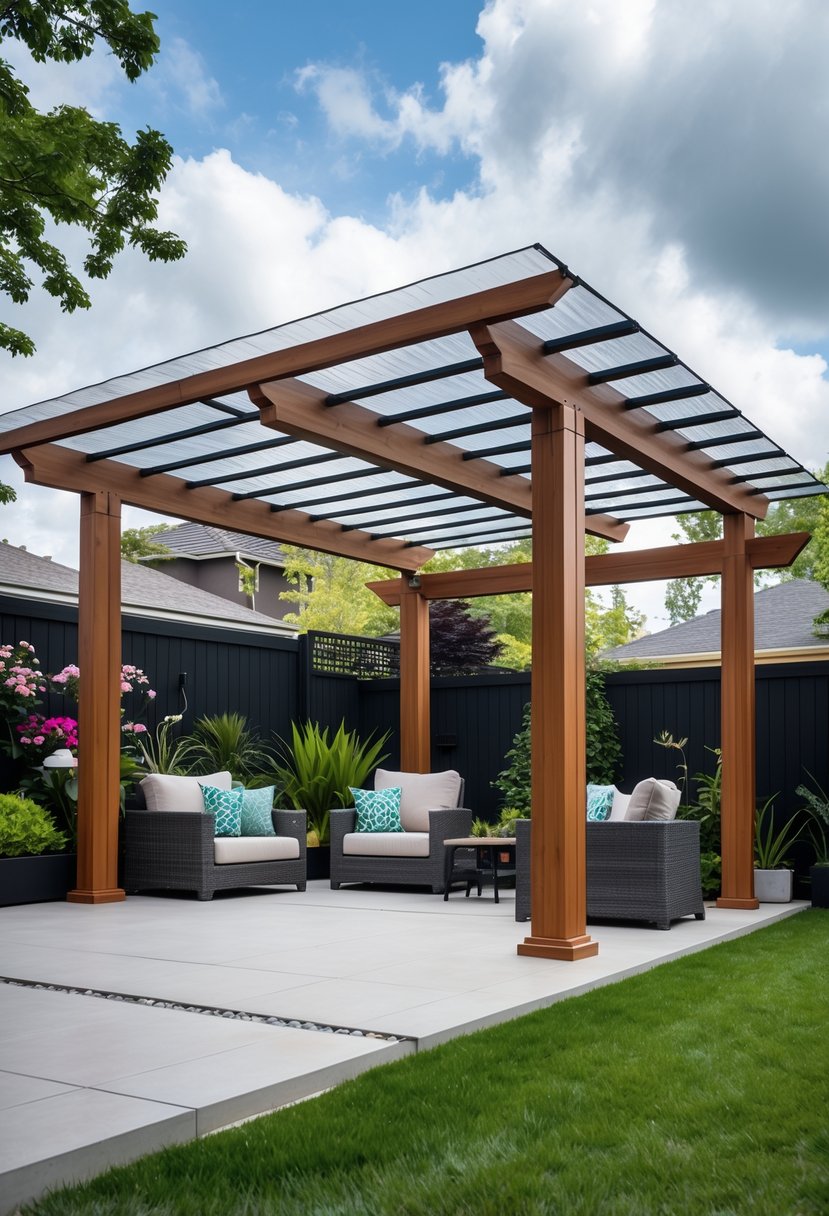Backyard with a wooden pergola featuring a clear solid roof, outdoor furniture underneath, surrounded by green plants and grass.
