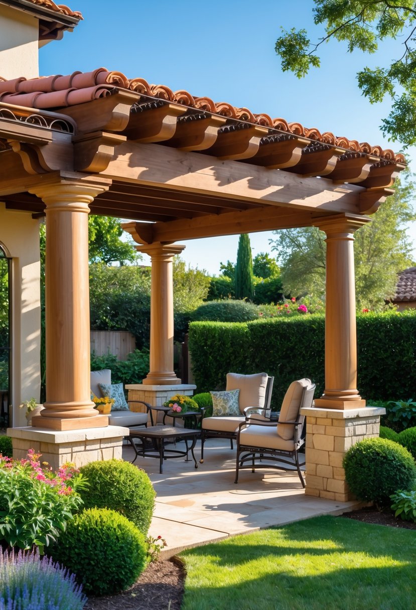 A backyard with a wooden pergola covered by terracotta roof tiles, surrounded by green plants and outdoor furniture beneath it.
