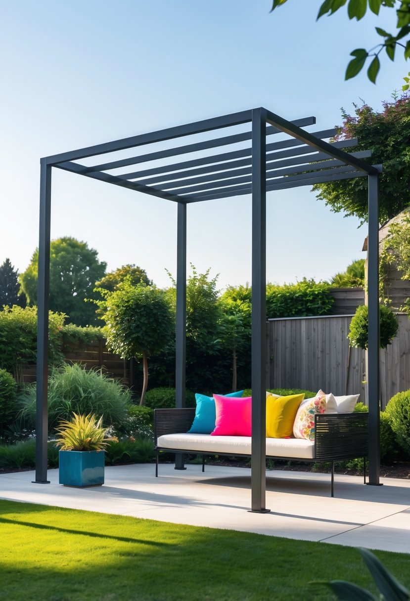 A backyard with a metal pergola featuring clean lines and colorful accents surrounded by plants and greenery.