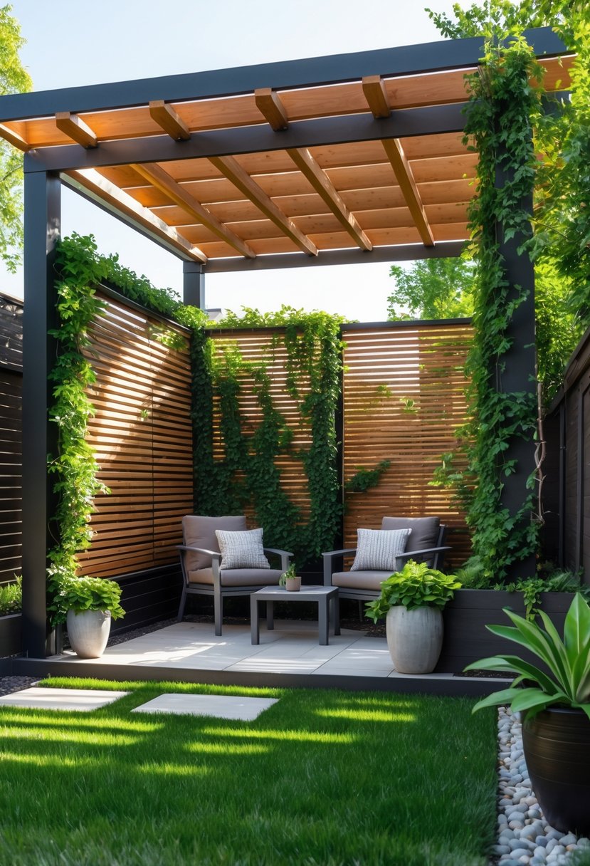 A backyard with a wooden pergola surrounded by privacy screens and greenery, featuring outdoor seating underneath.