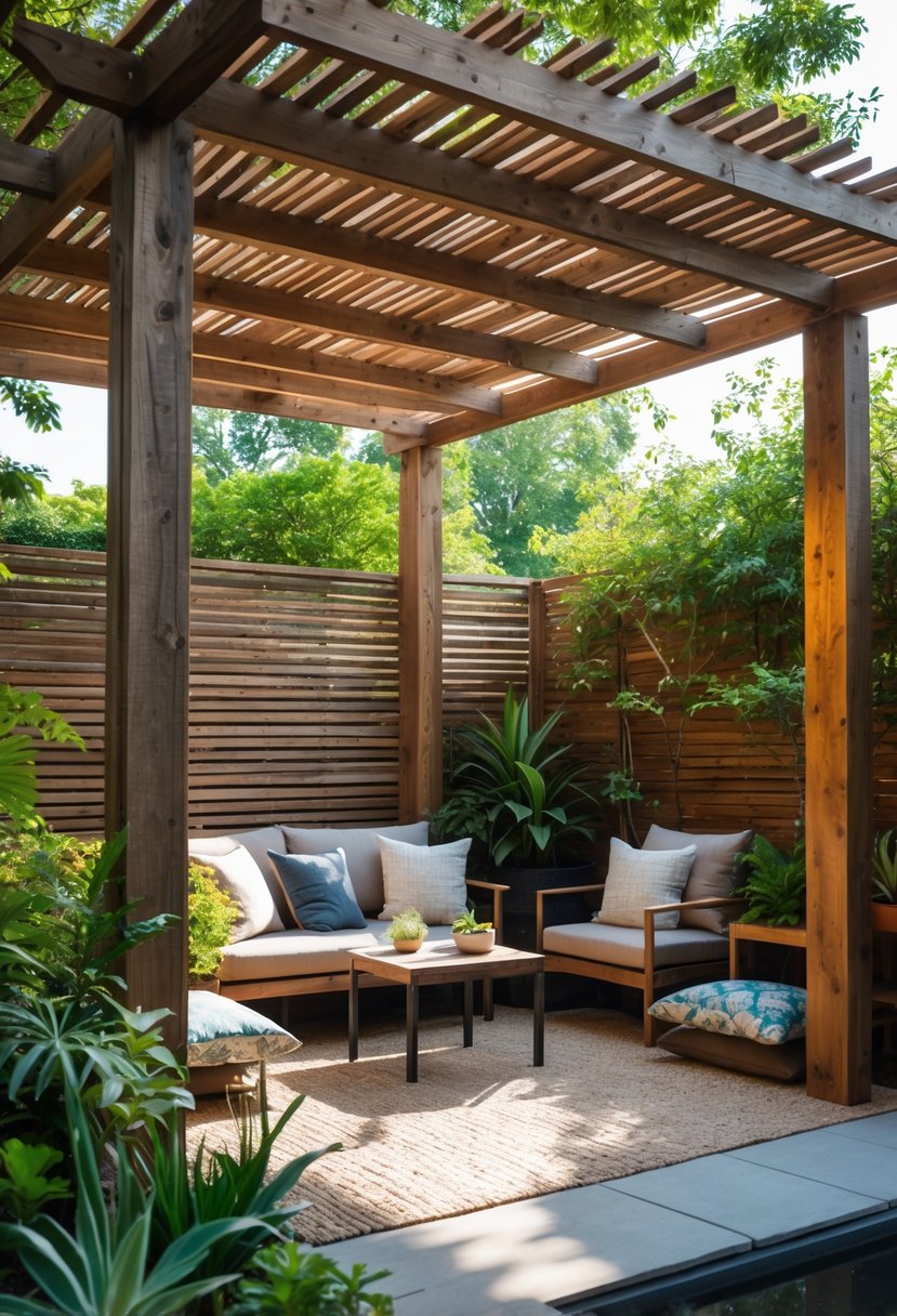 Backyard with a wooden pergola made from reclaimed wood surrounded by plants and outdoor furniture.