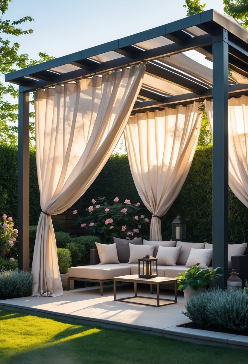 A backyard pergola with outdoor curtains providing shade over a seating area surrounded by plants.