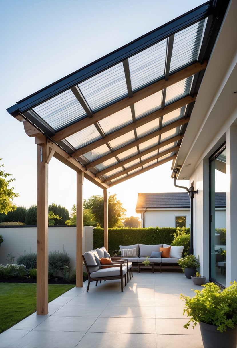 A lean-to patio roof with transparent corrugated panels attached to a house, covering an outdoor seating area with plants and garden in the background.