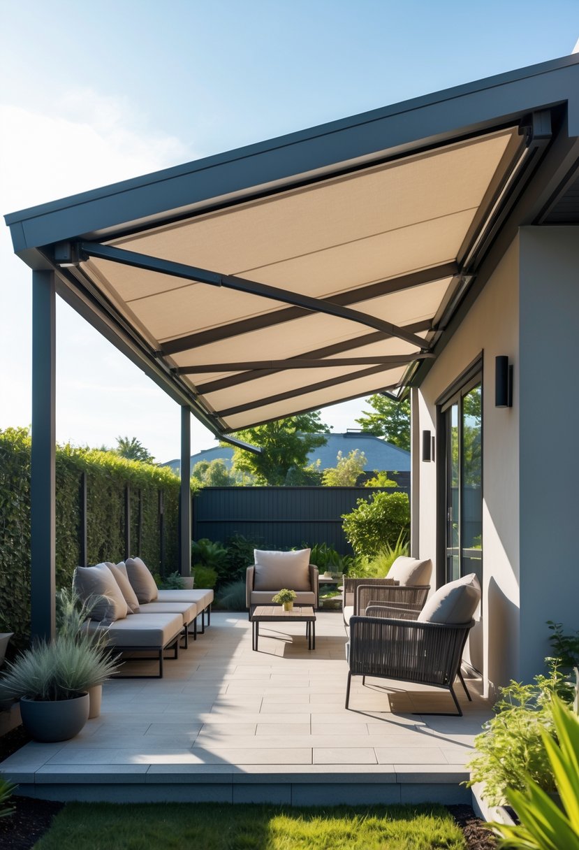 Outdoor patio with a lean-to roof and a partially extended retractable canvas cover over seating area surrounded by plants.
