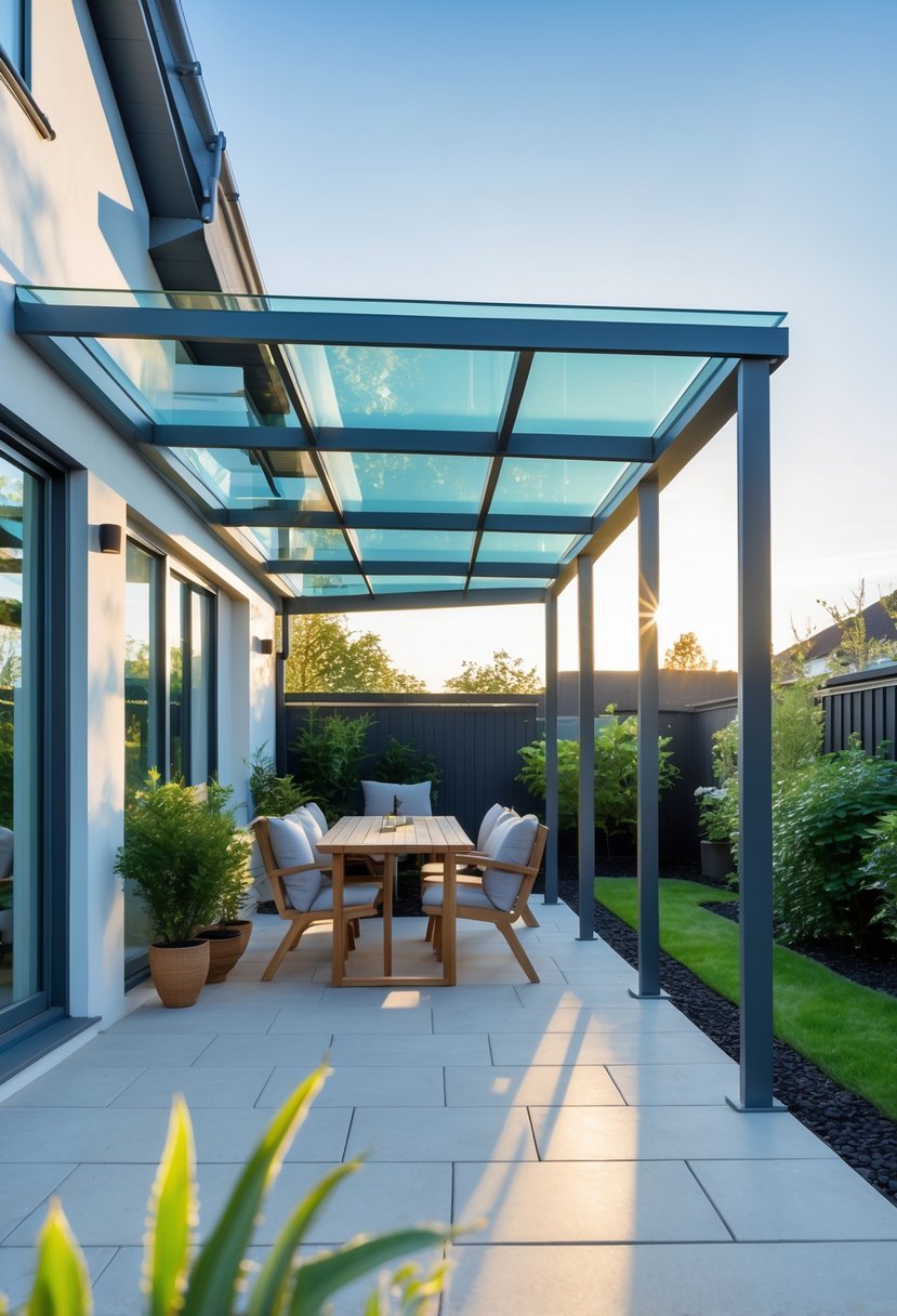 Outdoor patio with a glass lean-to roof letting in natural light, furnished with chairs and a table, surrounded by plants and garden.