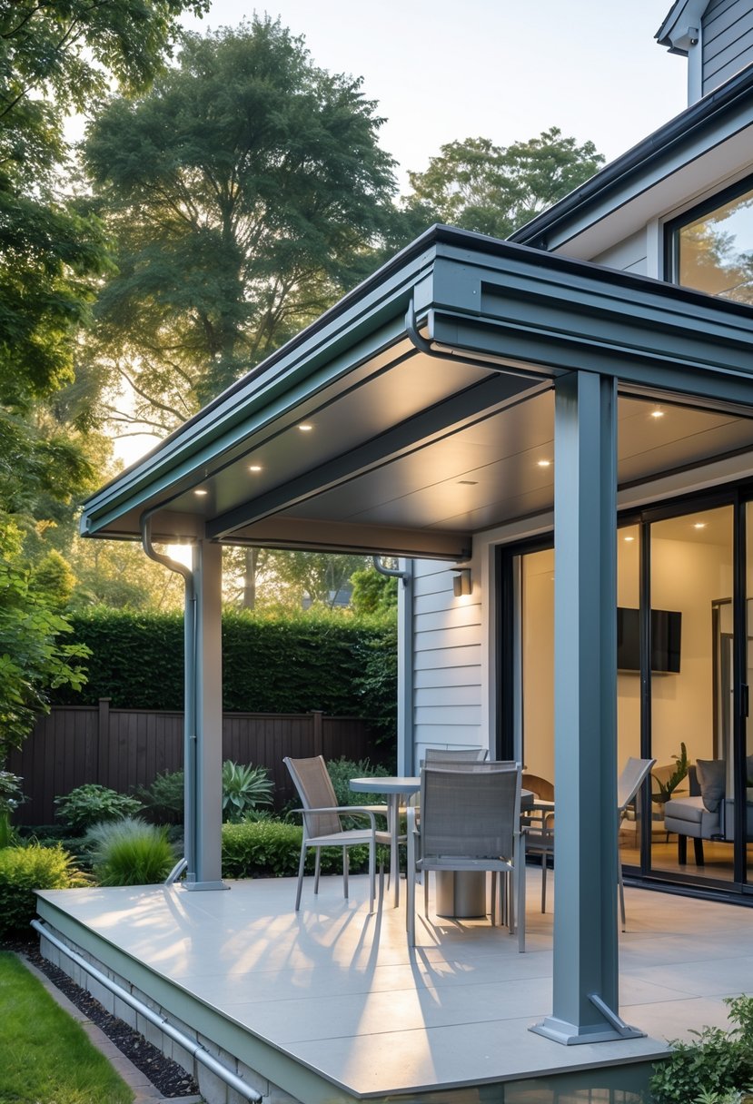 A lean-to patio roof attached to a house with an integrated gutter system, surrounded by a garden and outdoor furniture underneath.