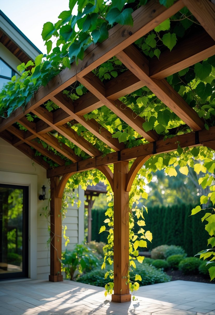 Lean-to patio roof with timber beams covered in green vines attached to a house, surrounded by garden greenery.