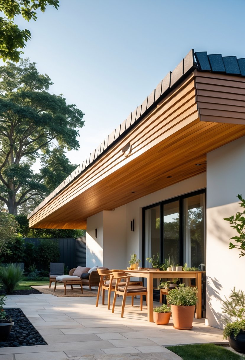 Outdoor patio with a sloped lean-to roof covered in shingle tiles attached to a house, featuring outdoor furniture and plants.
