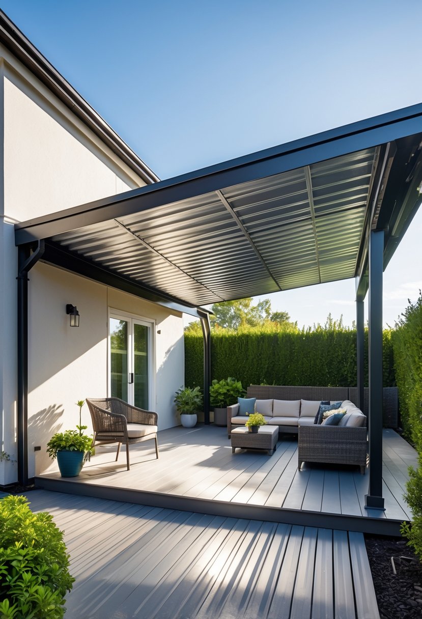 Outdoor patio with a lean-to roof made of metal sheeting attached to a house, featuring seating and plants.