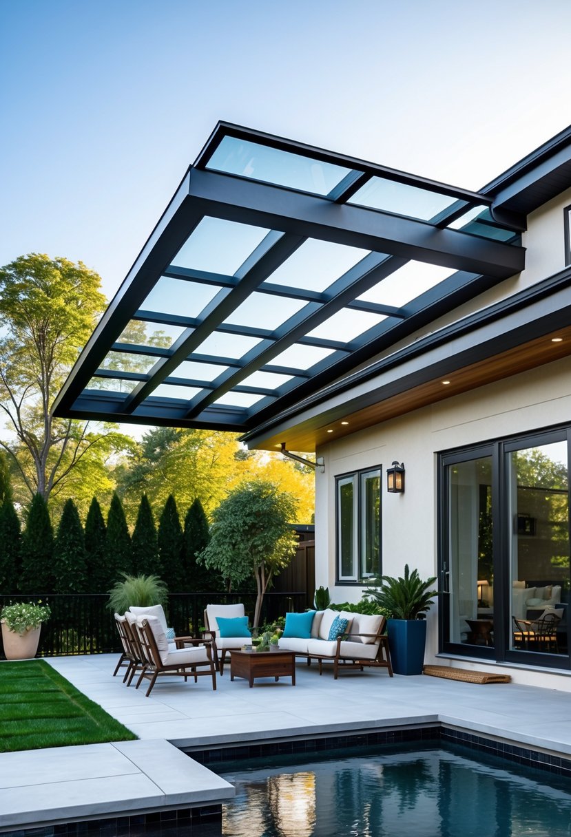 Outdoor patio with a lean-to roof featuring skylights that let in natural light over a furnished seating area.
