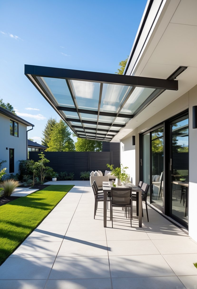 A modern patio with a cantilevered lean-to roof attached to a house, featuring outdoor furniture and a garden in the background.