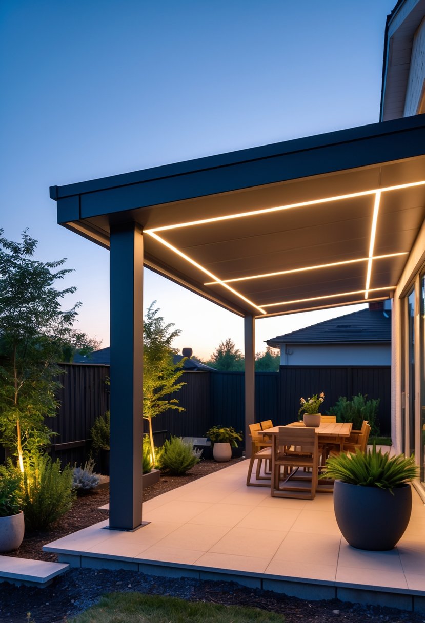 Outdoor patio with a lean-to roof featuring built-in LED lighting illuminating seating and plants beneath it.