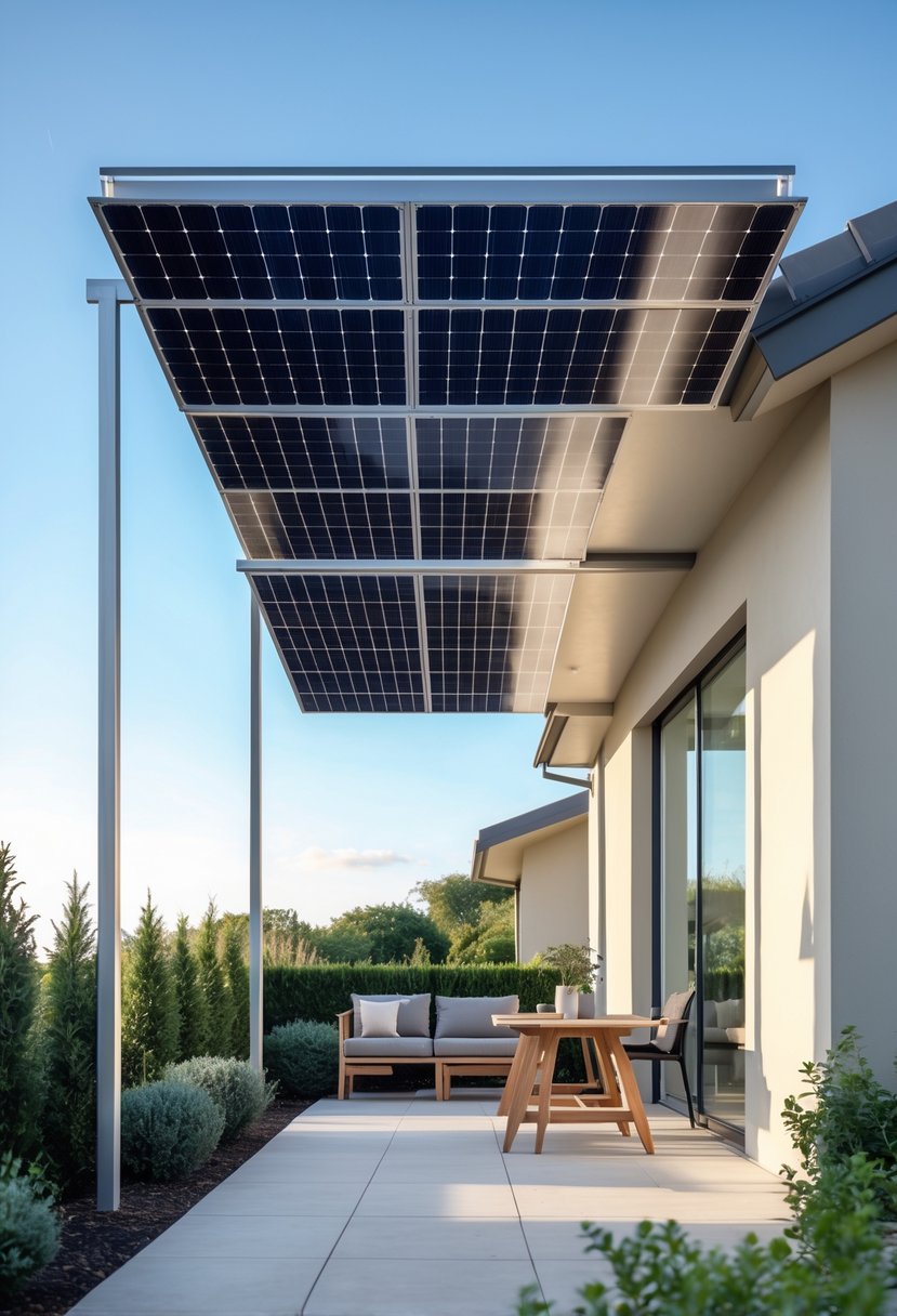 Outdoor patio with a lean-to roof fitted with solar panels, surrounded by plants and outdoor furniture.