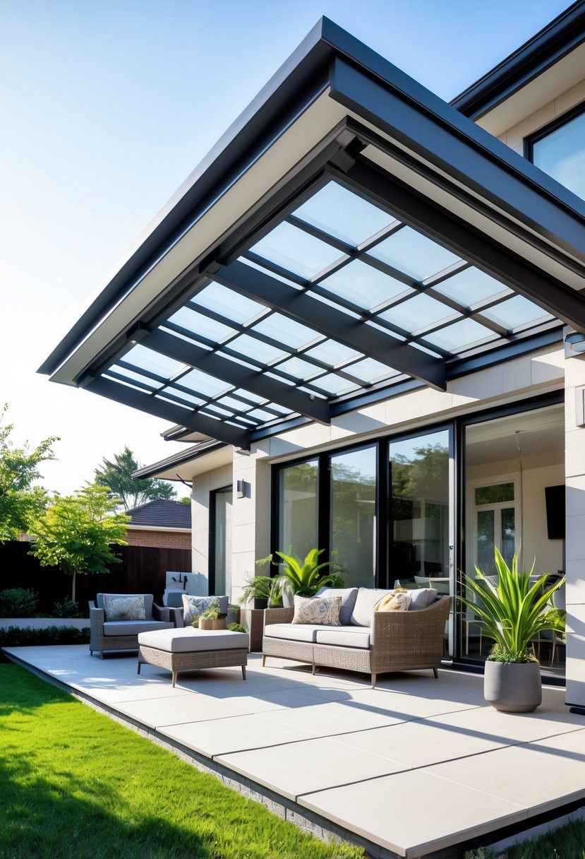 Outdoor patio with a double-pitched lean-to roof attached to a house, showing seating and plants underneath.