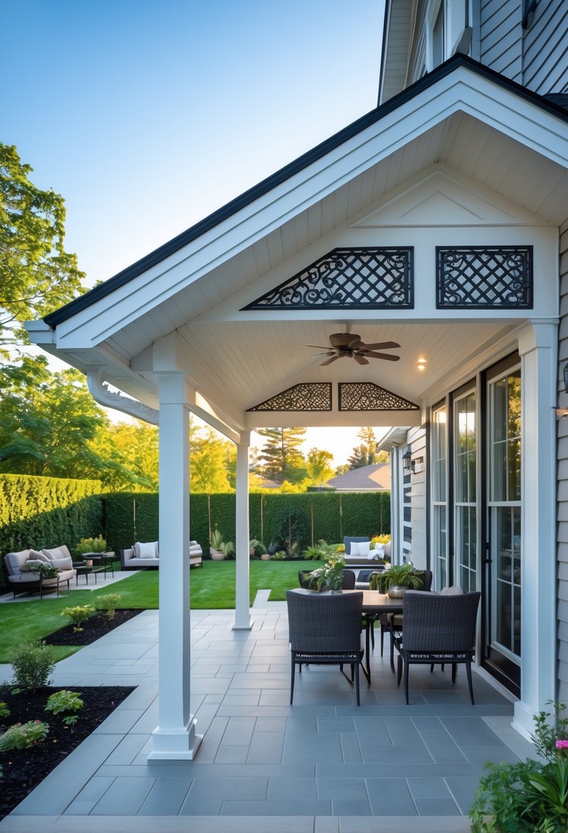 Outdoor patio with a lean-to roof attached to a house, featuring decorative fascia boards and outdoor furniture.