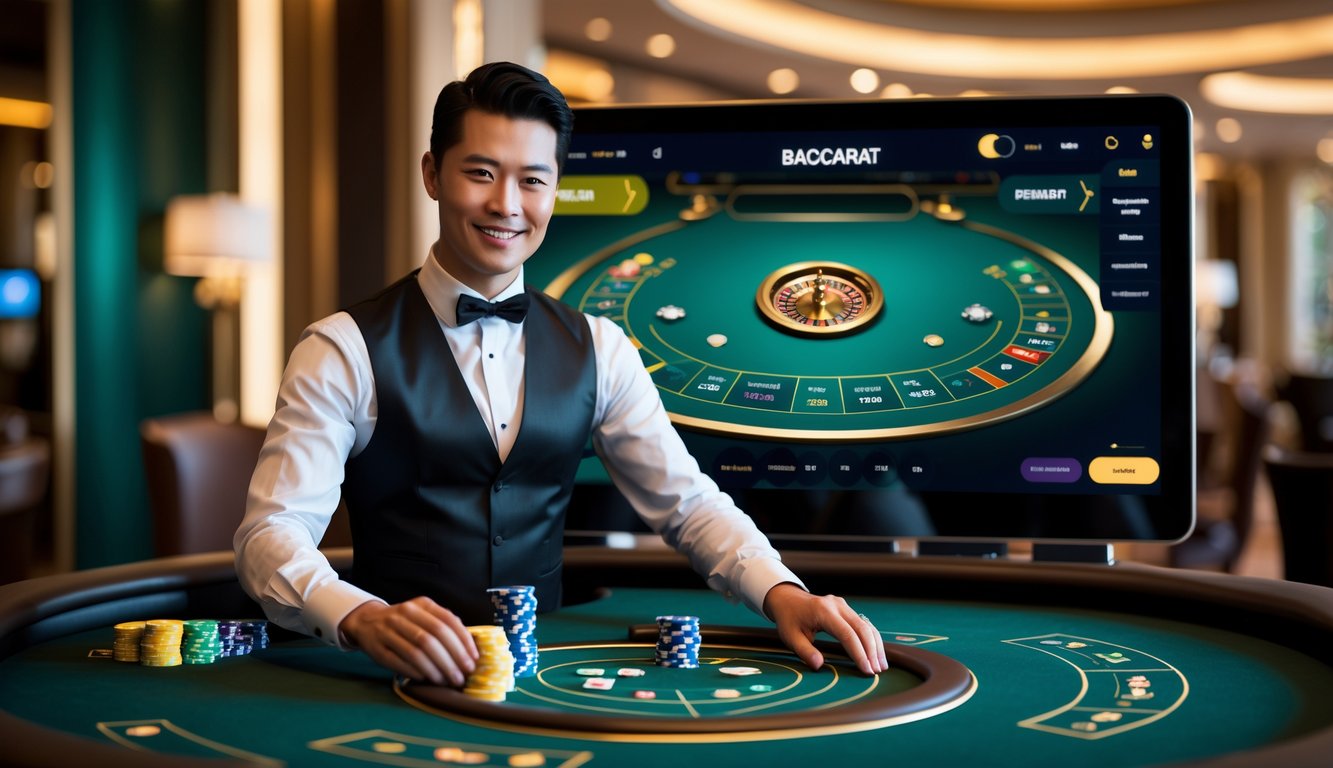 Seorang dealer profesional sedang membagikan kartu di meja baccarat digital dengan latar belakang kasino mewah.