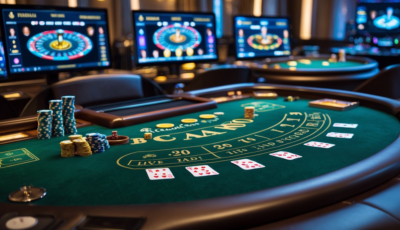 Meja baccarat modern dengan kartu dan chip, serta layar komputer menampilkan permainan baccarat langsung.