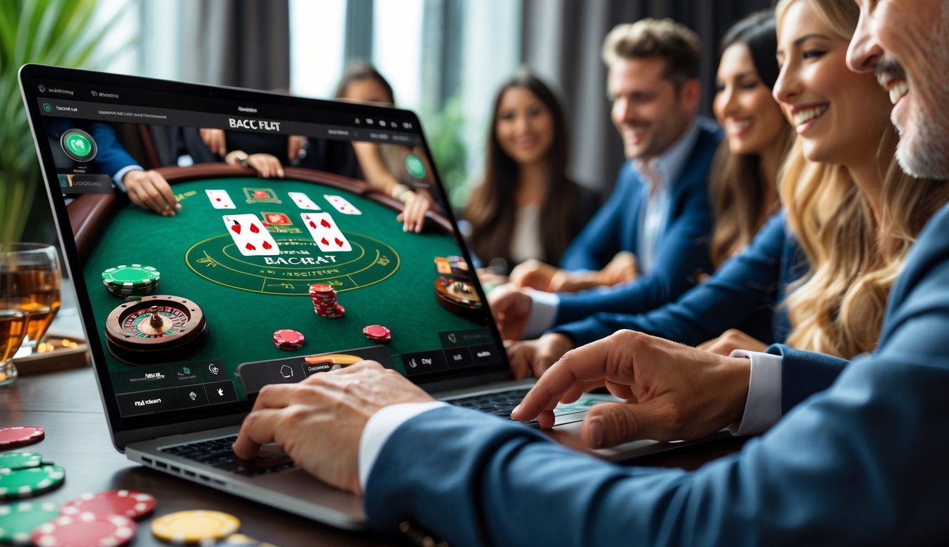Orang-orang bermain permainan baccarat online di perangkat digital dengan antarmuka permainan yang interaktif dan menarik.