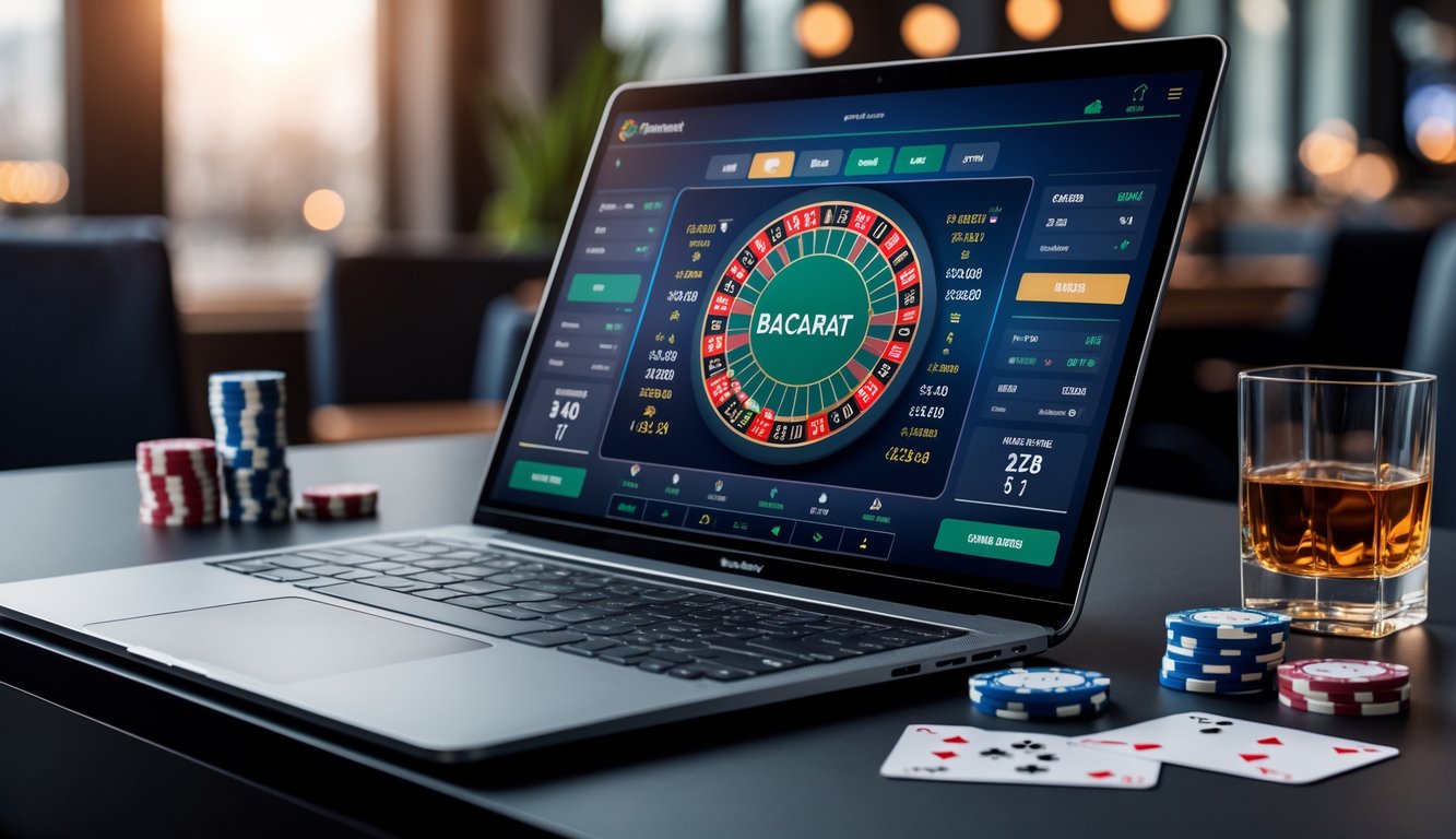 Seorang pemain menggunakan laptop dengan tampilan permainan baccarat online dan fitur taruhan waktu nyata di layar.