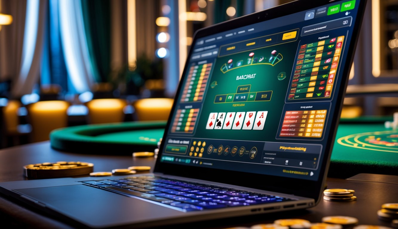 Sebuah meja baccarat online dengan beberapa meja aktif dan kartu serta chip di layar komputer dalam ruangan yang terang dan bergaya.