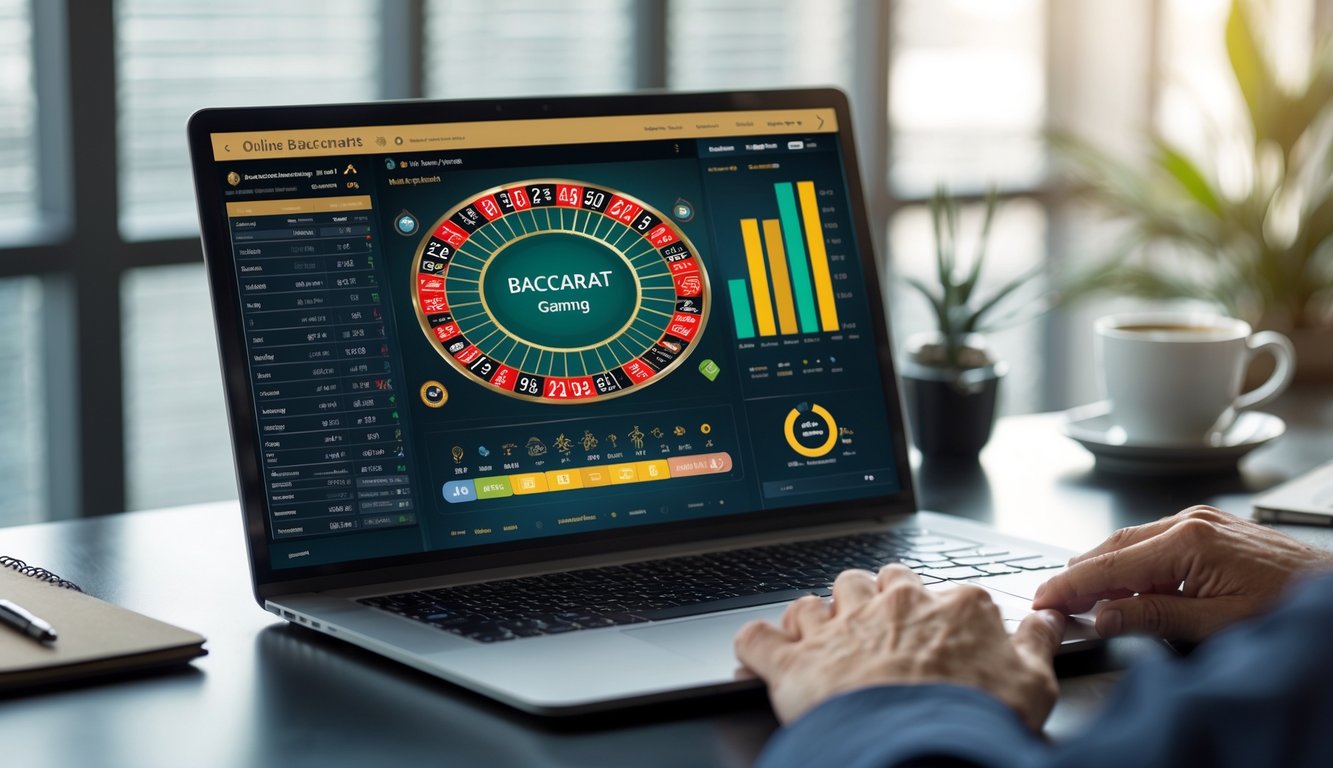 Seorang pengguna sedang melihat layar komputer yang menampilkan permainan baccarat online dengan grafik statistik yang jelas di meja kerja yang rapi.