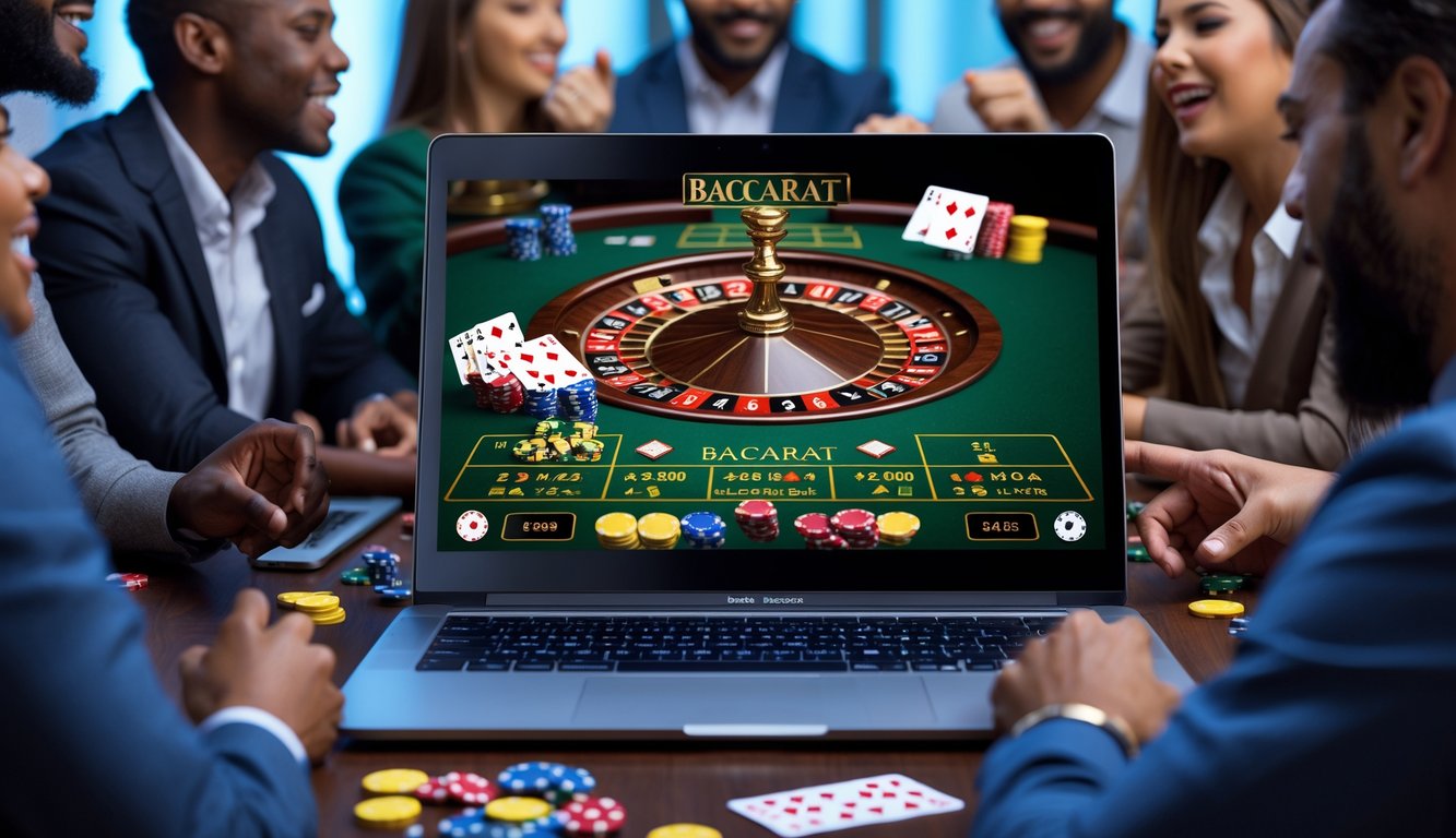 Orang-orang sedang bermain baccarat online dengan ekspresi antusias di depan komputer.