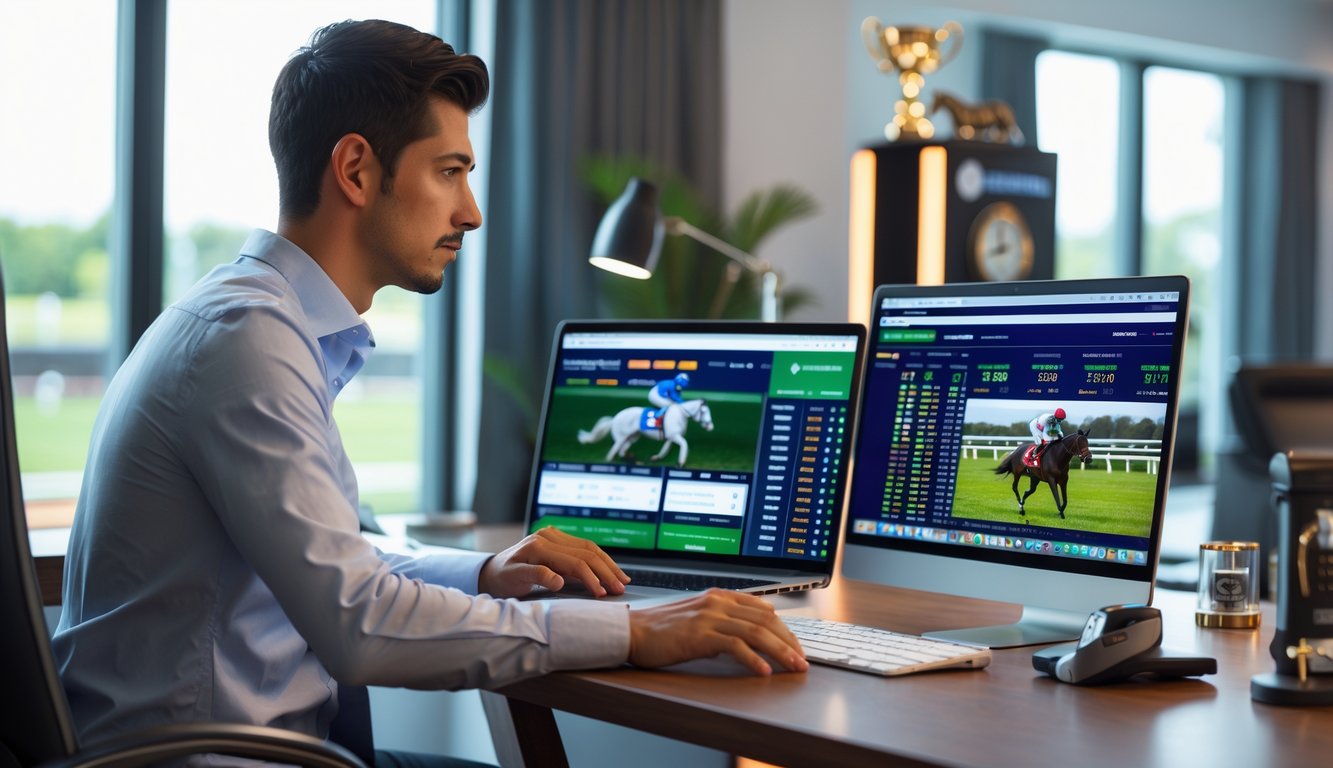 Seseorang sedang duduk di meja dengan laptop dan ponsel yang menampilkan situs taruhan balap kuda online, terlihat fokus dan serius.