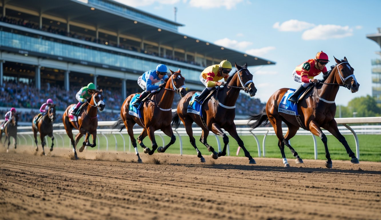 Beberapa kuda pacuan dengan joki sedang berlari cepat di lintasan balap kuda dengan penonton di latar belakang.