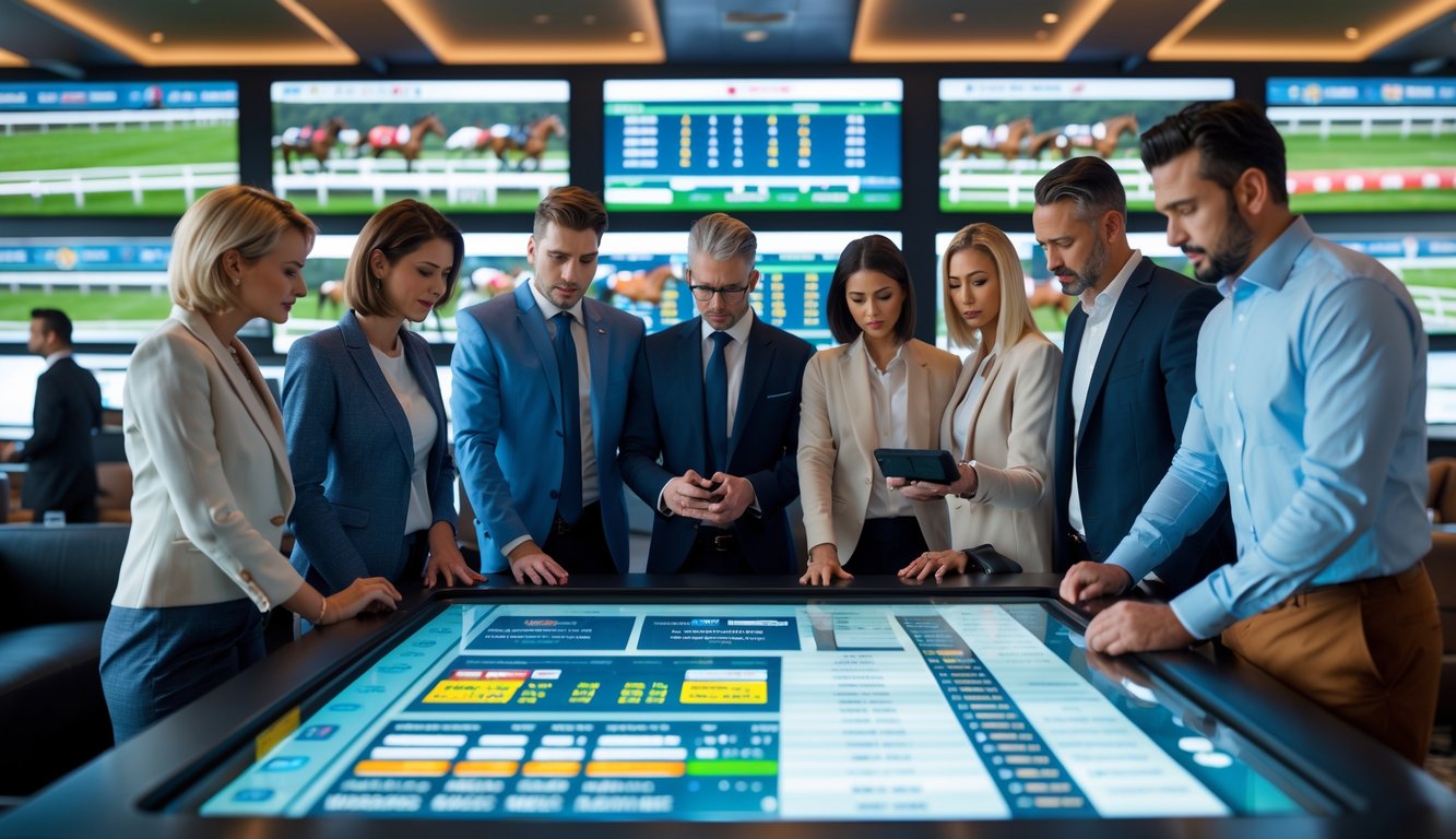 Sekelompok orang fokus melihat layar digital dengan data balap kuda di sebuah ruang taruhan modern.
