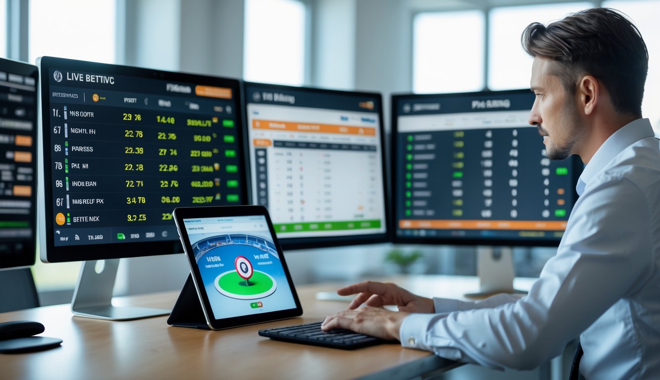 Seseorang sedang menganalisis data balap kuda online di depan komputer dengan grafik lintasan balap kuda di layar.