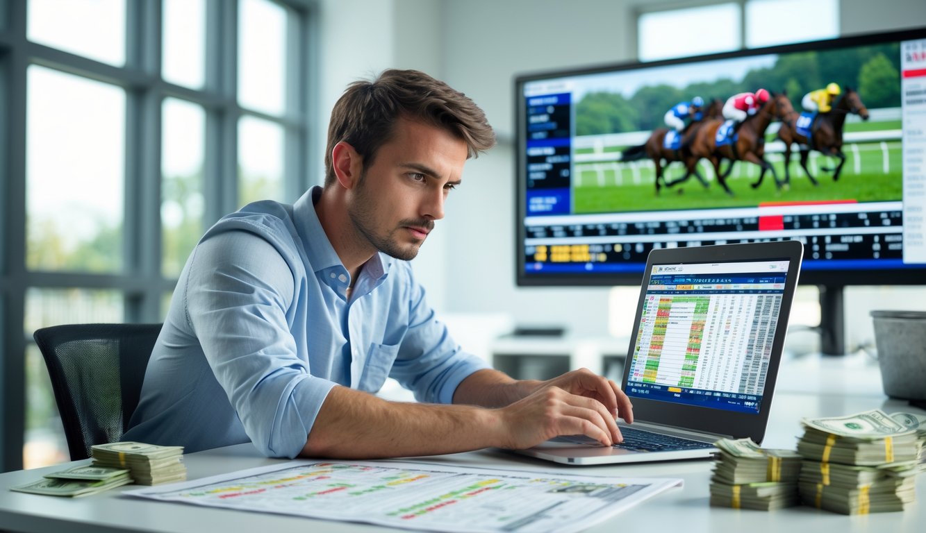 Seorang pria muda fokus menganalisis data balap kuda di depan laptop dengan layar menampilkan balapan kuda di latar belakang.