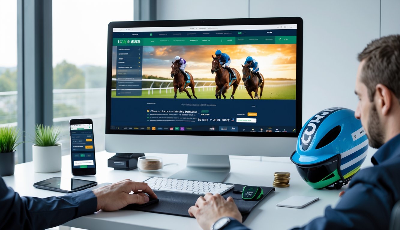 Seseorang menggunakan komputer di meja kerja dengan tampilan situs taruhan balap kuda online, dikelilingi oleh ponsel dan dekorasi bertema balap kuda.