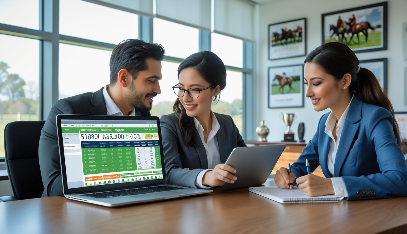 Dua orang sedang duduk di meja kantor modern, melihat layar laptop yang menampilkan data balap kuda dan statistik taruhan, sambil berdiskusi dan mencatat.