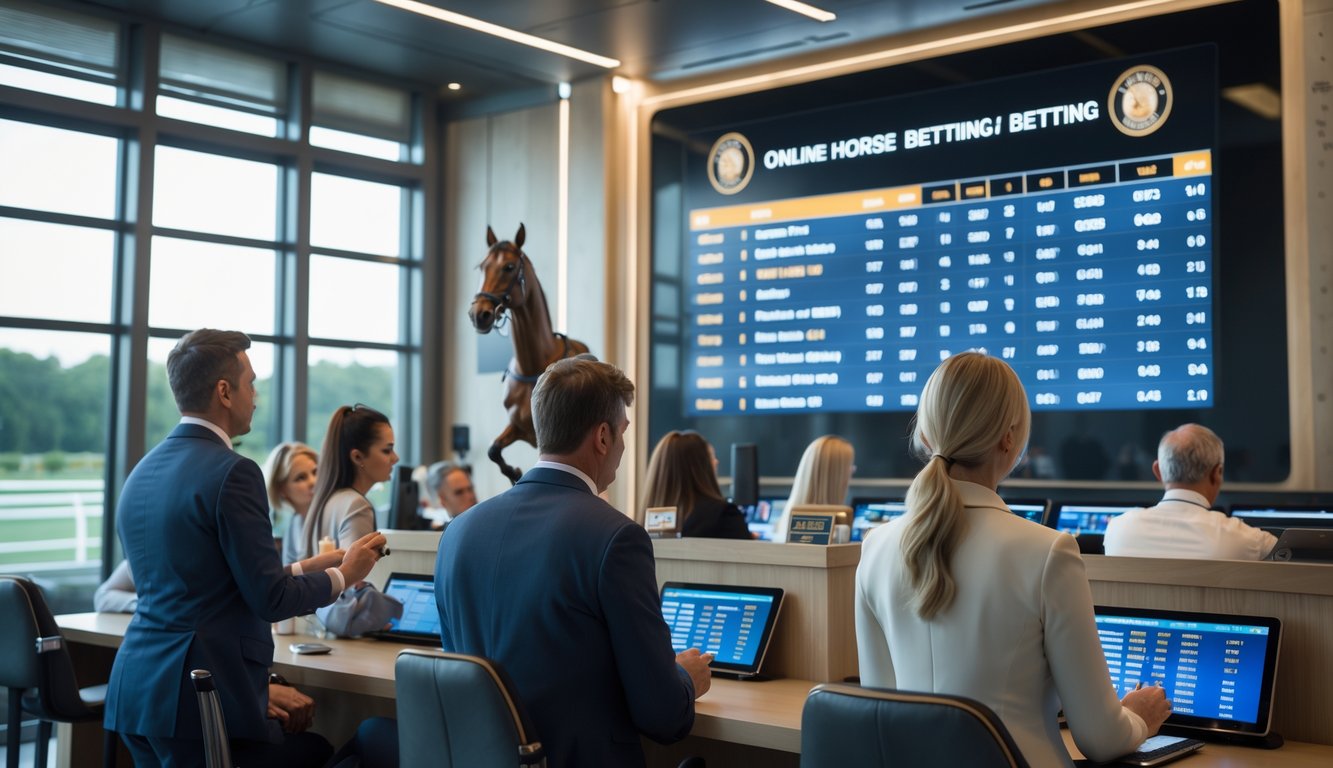 Orang-orang sedang melihat layar besar yang menampilkan jadwal pertandingan balap kuda dalam suasana taruhan online.